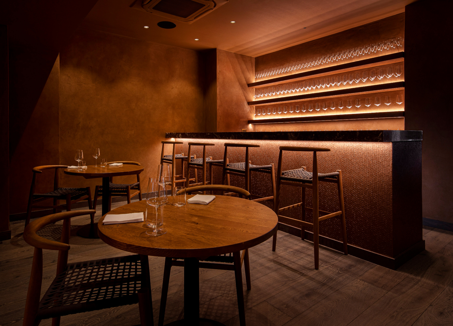 Akoko restaurant interior, warm intimate dining room