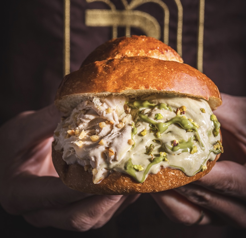 Bilmonte gelato-filled brioche with pistachio and hazelnut gelato