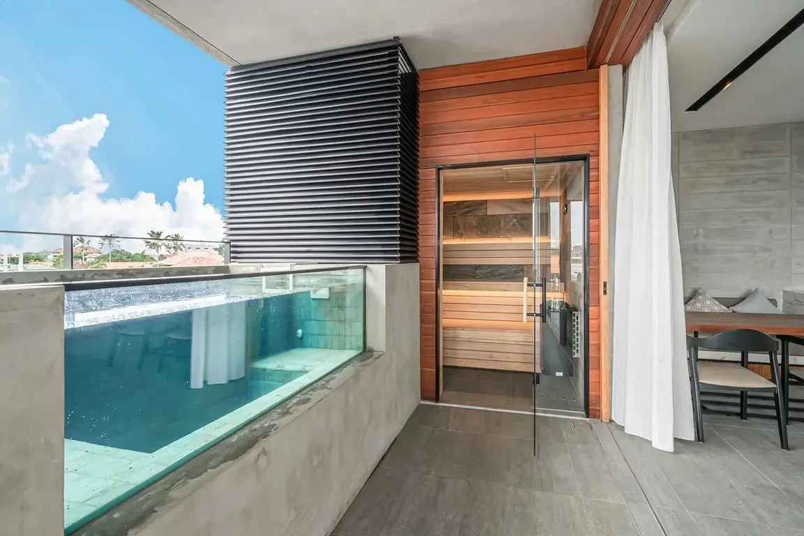 Private balcony with pool and sauna at The Body Factory Property