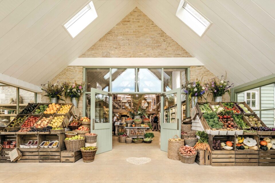 Daylesford Farmshop interior with seasonal produce and pitched timber ceiling