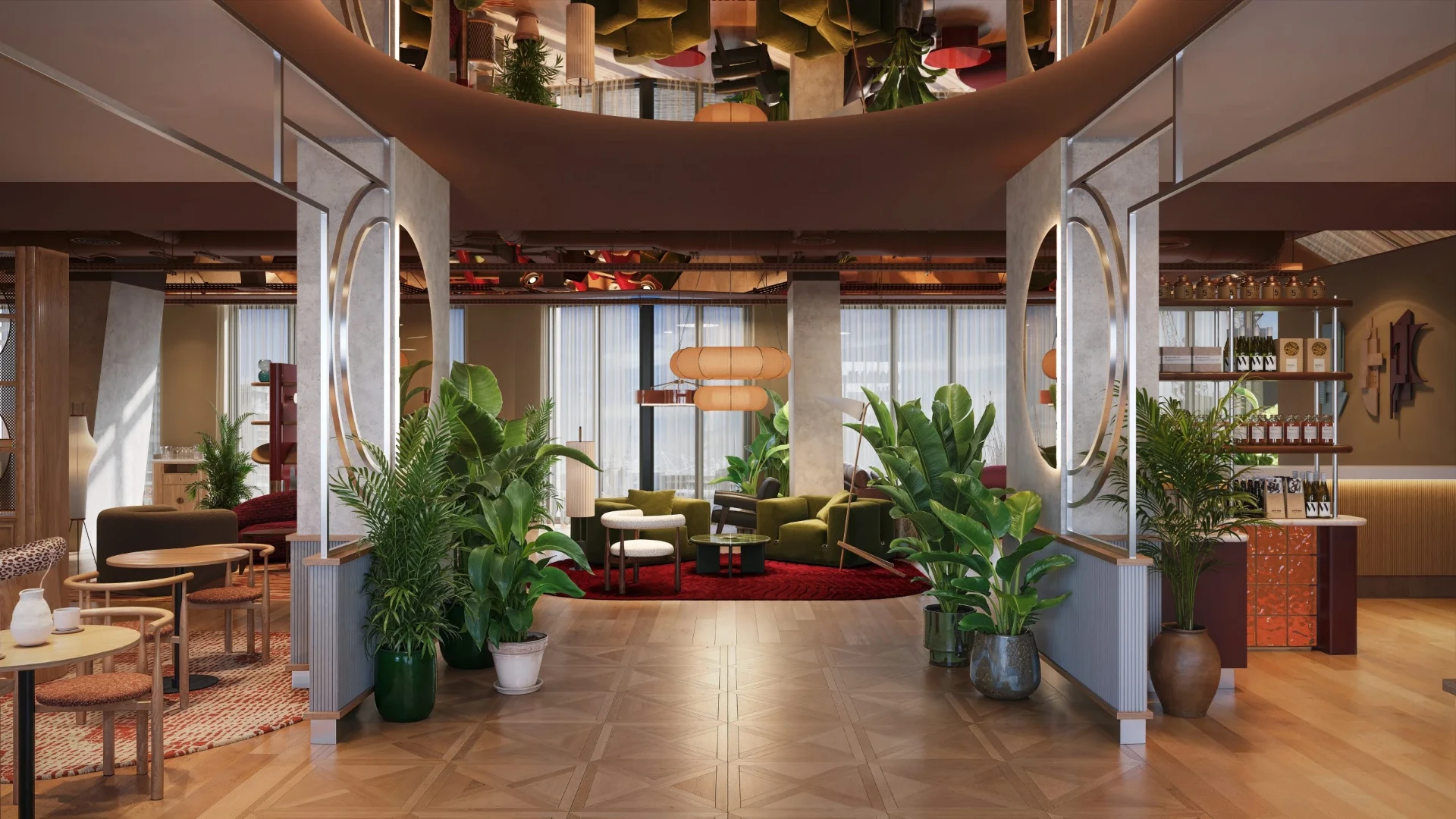 The ground-floor reception and lounge at Locke London Canary Wharf — a high-ceilinged space with parquet flooring, olive-green velvet sofas, terracotta rugs, hanging cylindrical lanterns and abundant tropical planting