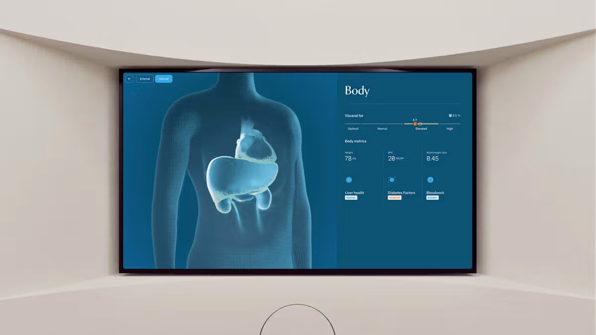 Neko Health full-body scanning pod interior — high-resolution imaging and laser thermal sensors used to build a three-dimensional map of the body