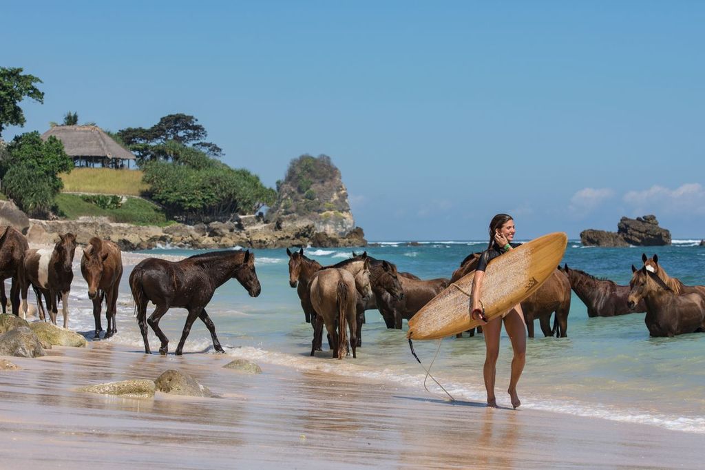 Surfer and horses on the beach at Nihi Sumba