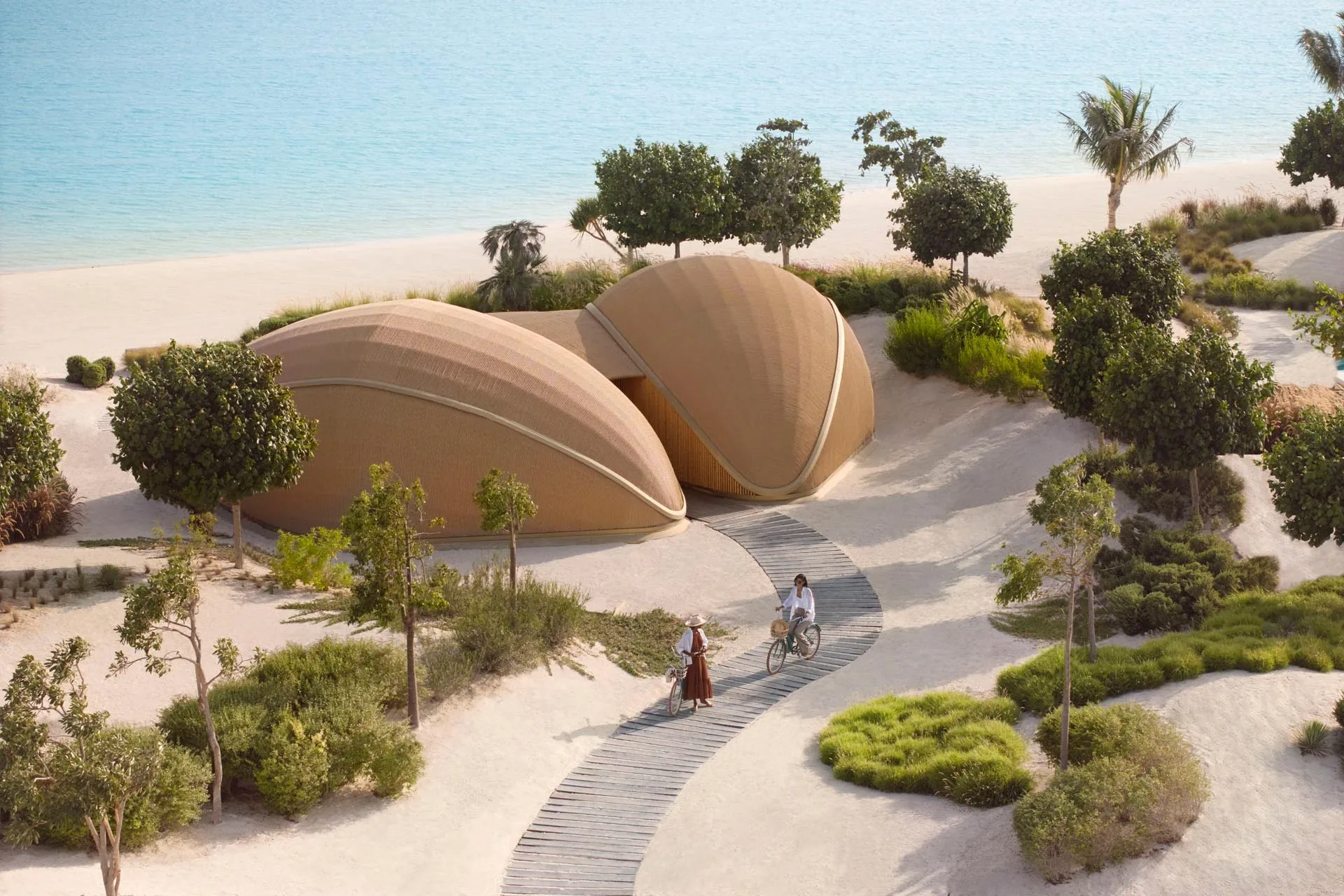 Nujuma, a Ritz-Carlton Reserve — Neyrah Spa shell-shaped pavilions nestled in dune planting beside the Red Sea beach