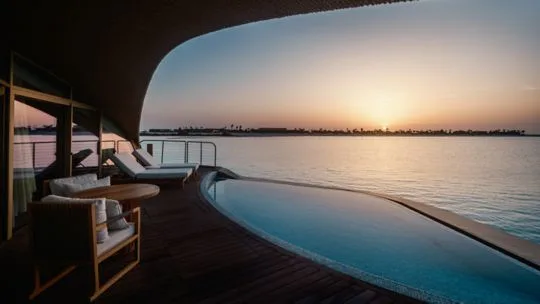 Nujuma overwater villa terrace at sunset — curved infinity pool and timber deck looking across the Red Sea