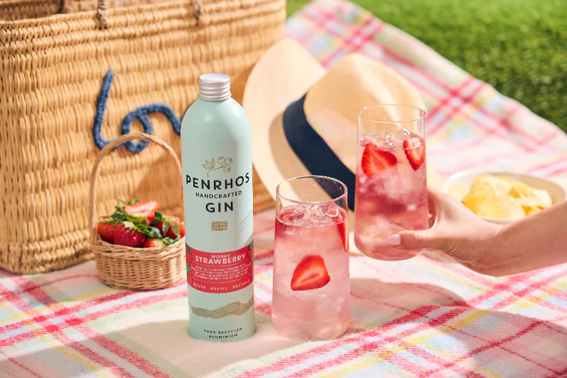Penrhos Wonky Strawberry gin served at a summer picnic