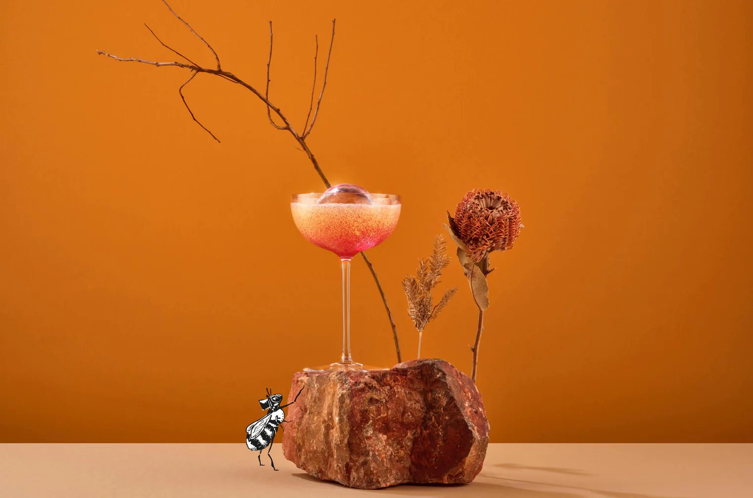 Richard Brendon coupe glass with a gradient cocktail balanced on a natural stone with dried flowers