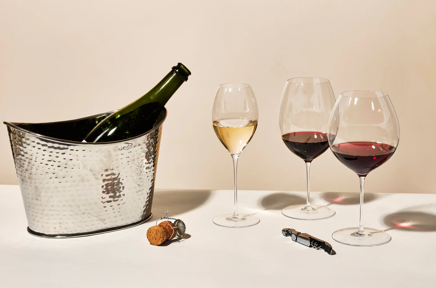 Richard Brendon Occasional Wine Collection — Champagne, white and red wine glasses with hammered silver ice bucket
