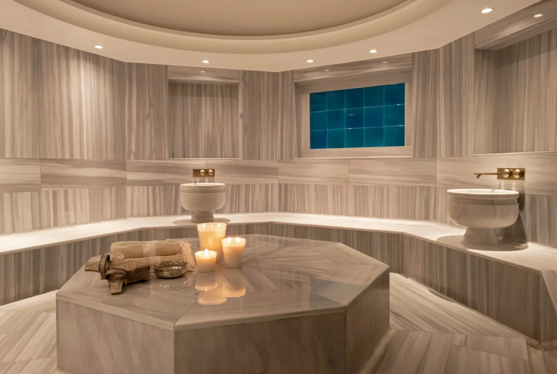 Vakko Hotel Sümahan Bosphorus — the marble hamam with a heated göbek taşı and candlelight
