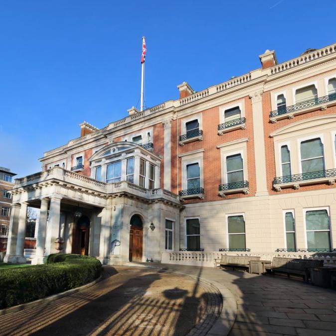 Hertford House on Manchester Square — the red-brick and stone townhouse that holds the Wallace Collection, with Union Jack flying above the portico