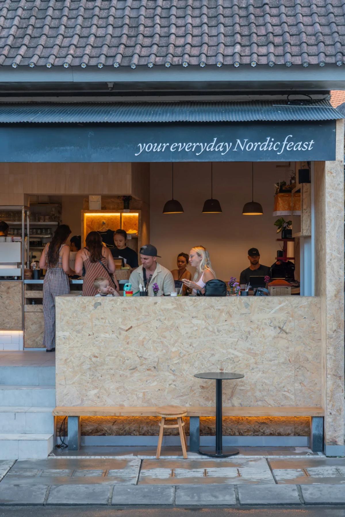 Copenhagen café Canggu — Nordic-style breakfast counter on Padang Linjong with 'your everyday Nordic feast' signage