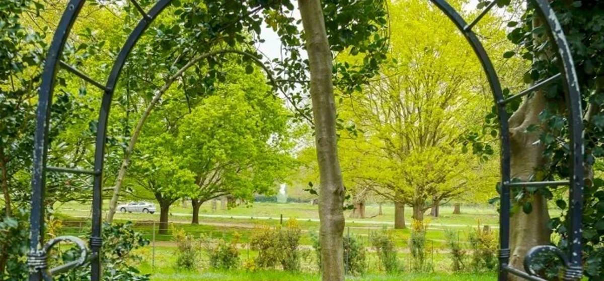 The iron arch at King Henry's Mound, Richmond Park, framing the avenue of trees on the park's highest point