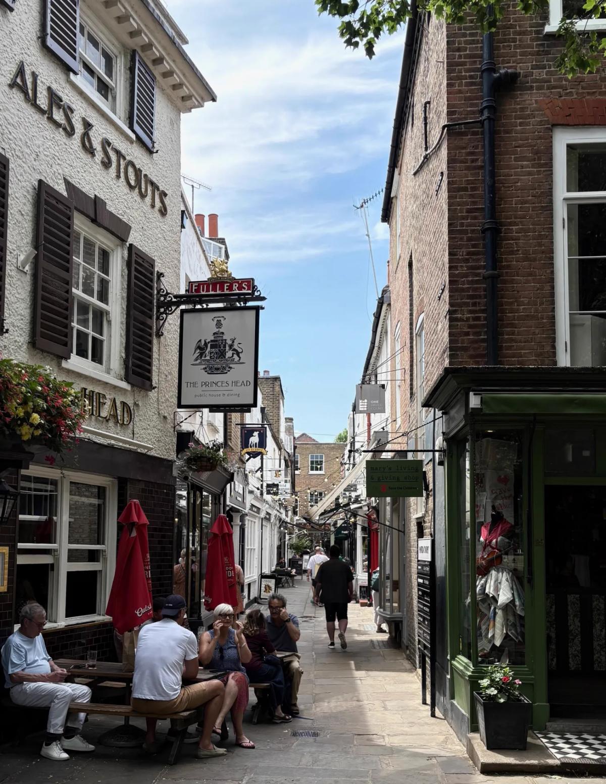 Paved Court, Richmond — the narrow pedestrian alley of small independent shops off Richmond Green, known locally as the 'Ted Lasso alleyway'